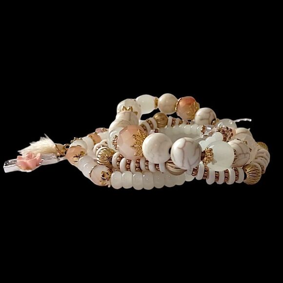 Glass Beaded Stacked Bracelet Rows Beads Floral Neutrals Y2K Boho Fairy Indie - Picture 2 of 16